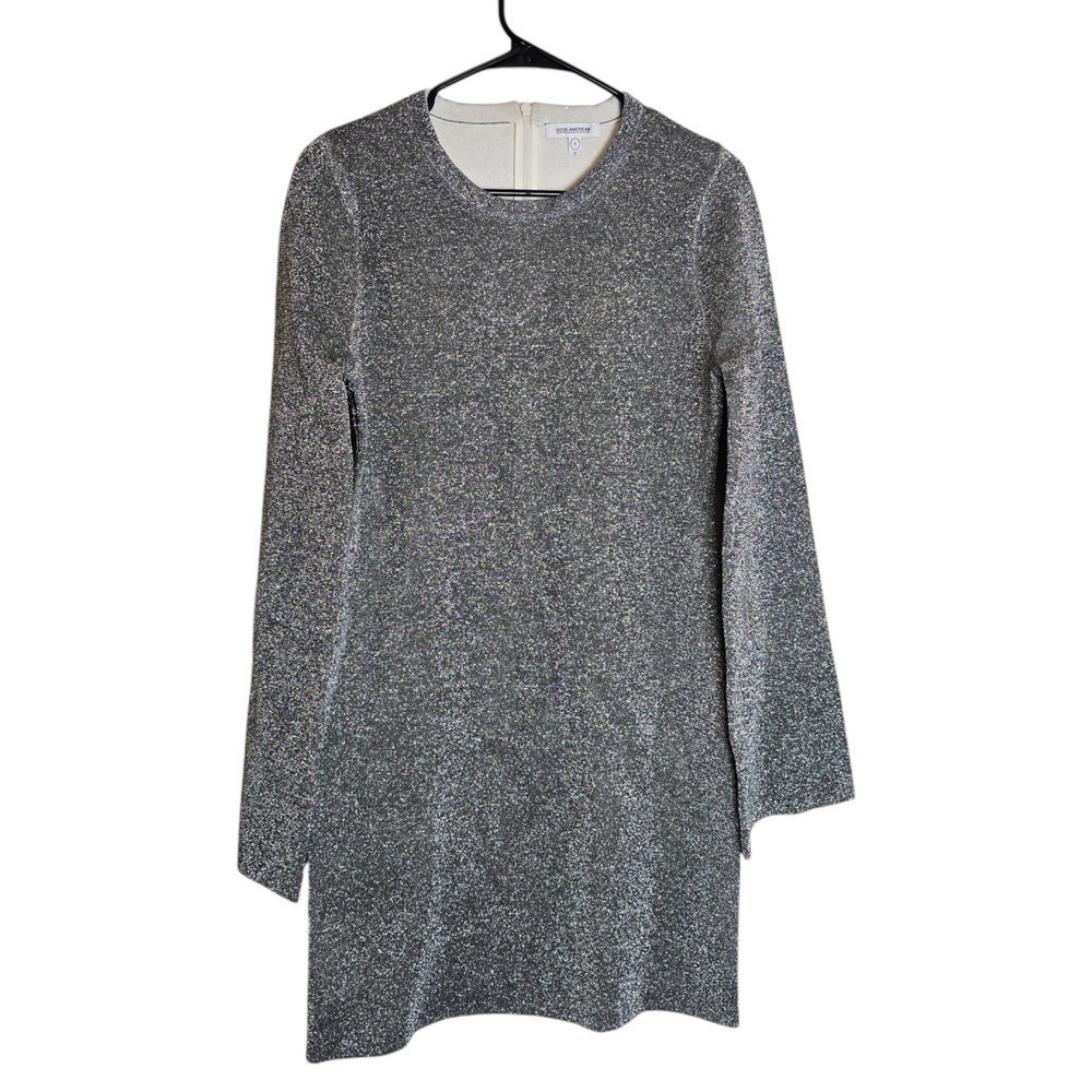 Nwot Good American Size 3 Large Sparkle Bell Sleeve Bodycon Dress Silver Gray